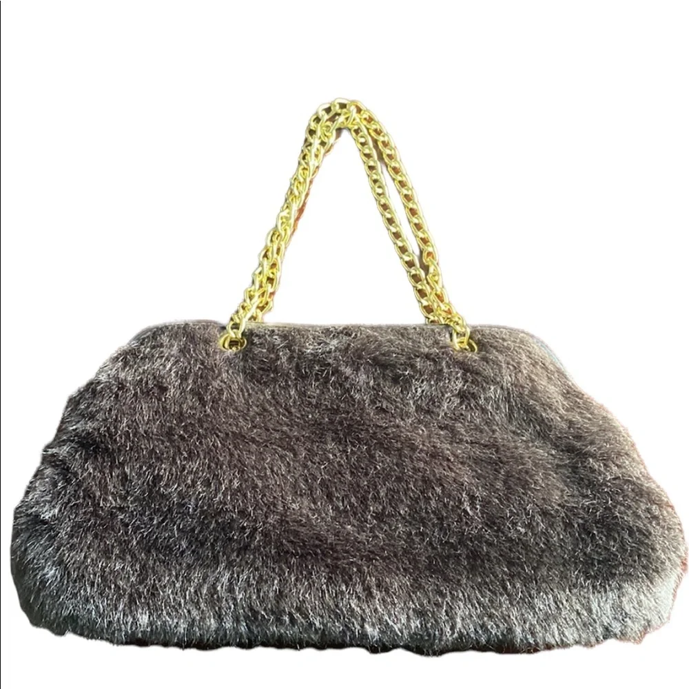 Victoria’s Secret Faux Brown Fur and Gold Satchel Purse